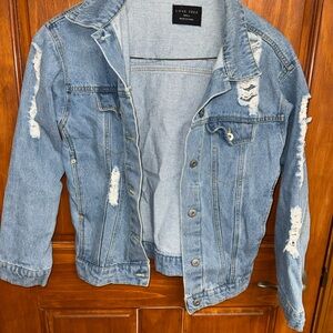 Love Tree Women's Distressed Blue Jean Jacket Small Button Collared Pockets